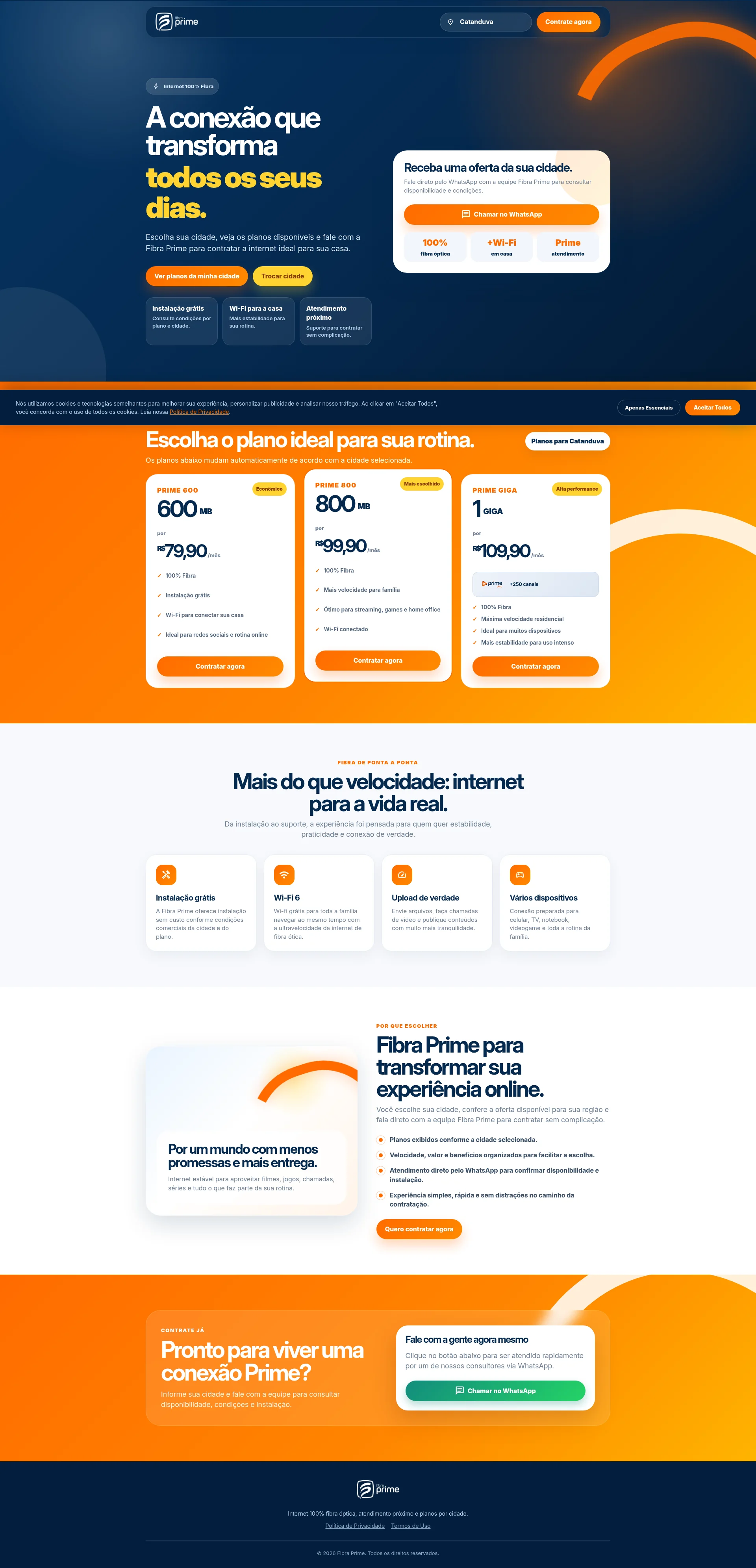 Página completa da landing page Fibra Prime na versão desktop