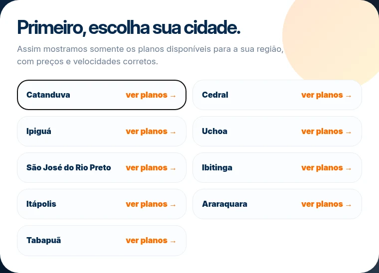 Seletor de cidades da landing page Fibra Prime