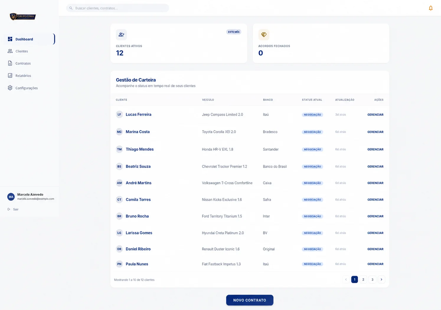 Dashboard do consultor com carteira de clientes fictícios no Portal Grupo Lima