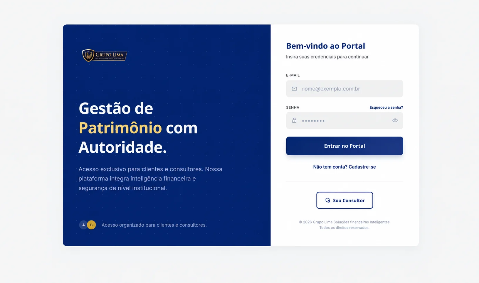 Tela de acesso do cliente ao Portal Grupo Lima na versão desktop