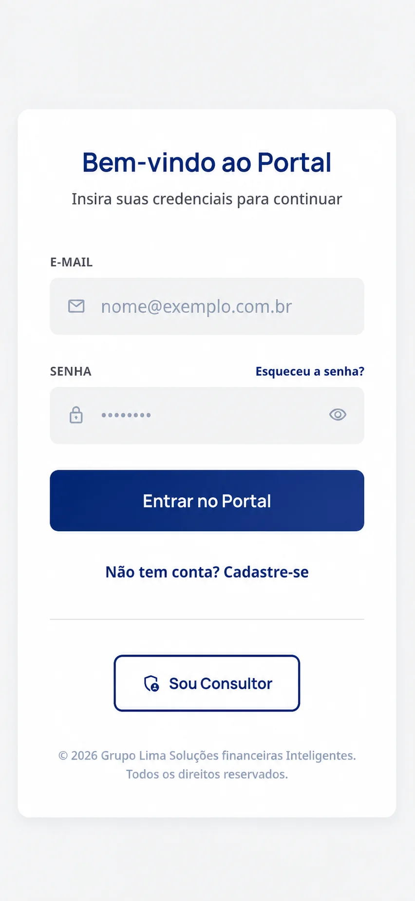 Tela de acesso do cliente ao Portal Grupo Lima na versão mobile