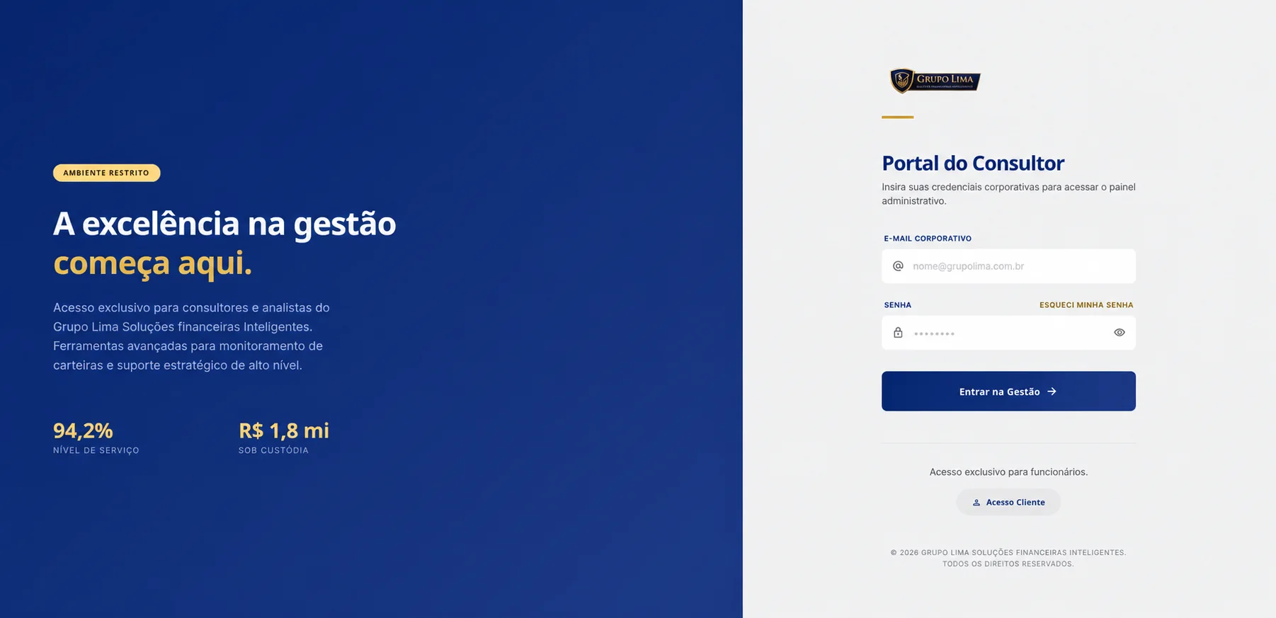 Tela de acesso do consultor ao Portal Grupo Lima na versão desktop
