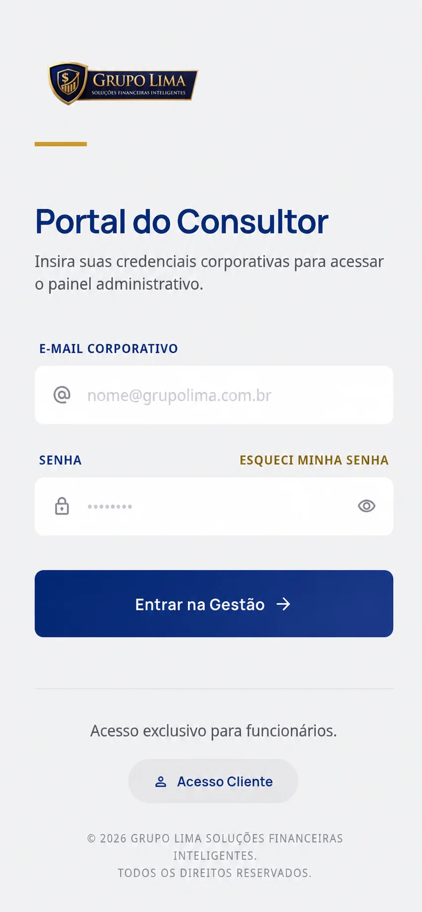 Tela de acesso do consultor ao Portal Grupo Lima na versão mobile