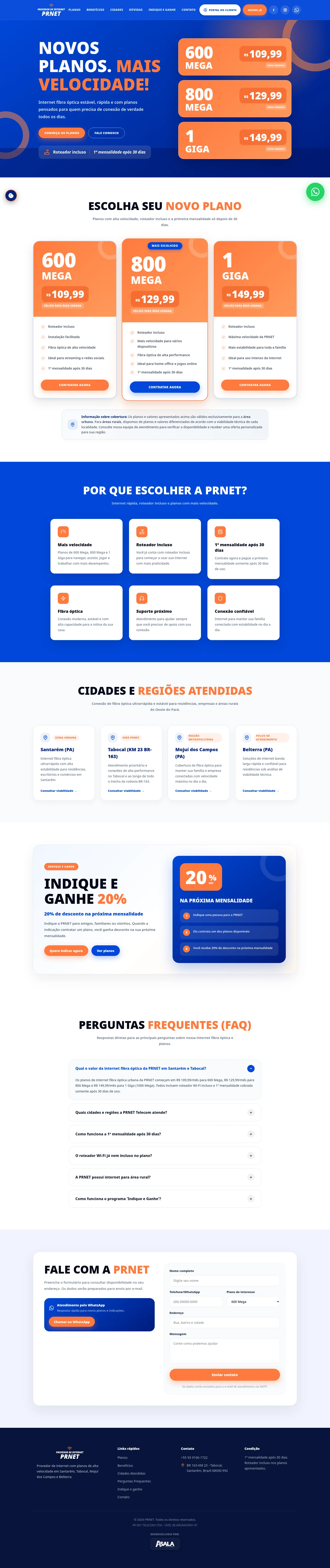 Página completa do site da PRNET Telecom na versão desktop